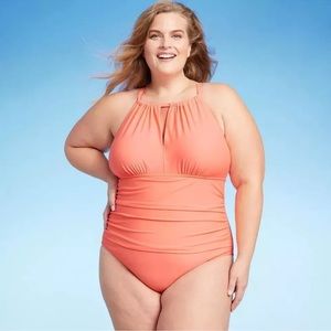 Kona Sol Orange One Piece Swimsuit with High Neckline TUMMY CONTROL NWT 22